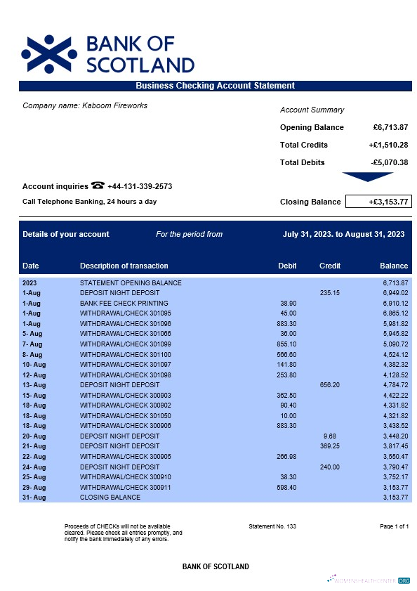 Download Bank of Scotland corporate checking account statement Word and PDF template Photoshop template